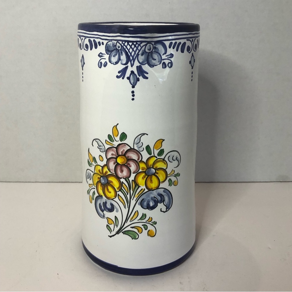 Hand made ceramic floral 9 inch blue and yellow pitcher from Spain